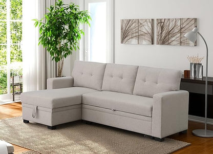 82 Inch Convertible Sleeper Sectional Sofa with Storage Chaise and Pull-Out Bed, Linen Upholstered Reversible Corner Couch, Modular L Shaped Couches for Living Room, Home Furniture, Beige