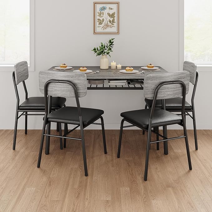 GarveeHome Dining Table Set for 4 with Storage Rack, 5-Piece Kitchen Table and Upholstered Chairs of 4, Wood Tabletop & Heavy-Duty Metel Frame, Dining Room Set for Small Space, Apartment, Gray