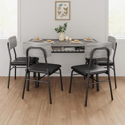 GarveeHome Dining Table Set for 4 with Storage Rack, 5-Piece Kitchen Table and Upholstered Chairs of 4, Wood Tabletop & Heavy-Duty Metel Frame, Dining Room Set for Small Space, Apartment, Gray