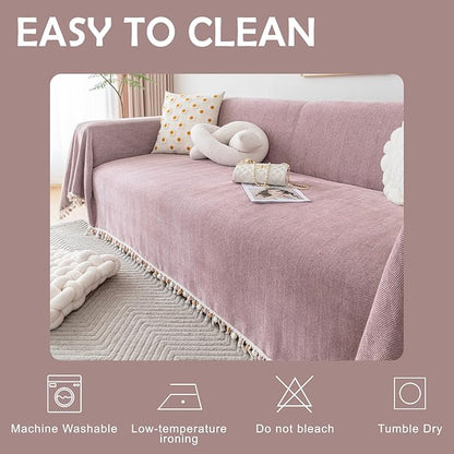 HANDONTIME Boho Chenille Sofa Cover for 3 Cushion Couch - Pink-Purple Tassel Throw for Dogs, Mauve, 91" X 118"