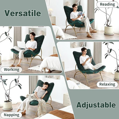 Welnow Accent Lounge Lazy Chair, Comfy Soft Leisure Metal Frame Reading Chair, Upholstered Thick Cushion Seated Recliner Sofa for Living Room, Bedroom, Dorm, Dark Green