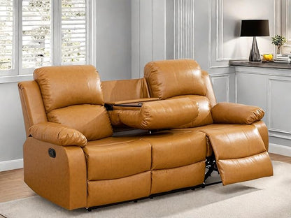 Leather Recliner Sofa Couch, 3-Seater Home Theater Seating Reclining Sofa, Power Reclining Couch with Cup Holders & Drop Down Table for Living Room Furniture Sets, Orange