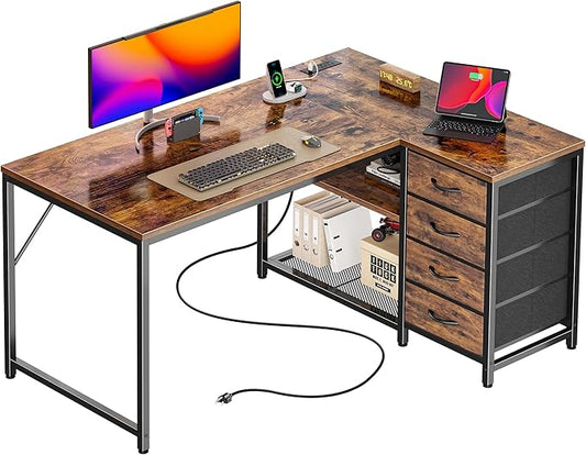 PRAISUN 43.3" Small Computer Desk with Power Outlets and USB-C Port, Reversible L Shaped Corner Office Desk with 4 Fabric Drawers and 2 Height-Adjustable Shelves, for Gaming Writing, Rustic Brown