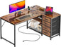 PRAISUN 43.3" Small Computer Desk with Power Outlets and USB-C Port, Reversible L Shaped Corner Office Desk with 4 Fabric Drawers and 2 Height-Adjustable Shelves, for Gaming Writing, Rustic Brown