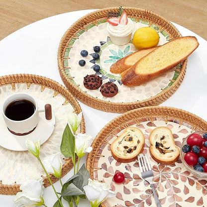 Round Rattan Tray with Mother of Pearl Inlay, Rattan Serving Tray with Wooden Base, Decorative Wicker Basket for Table Decor, Storage and Display of Coffee Bread Food Fruit (Bohemia)