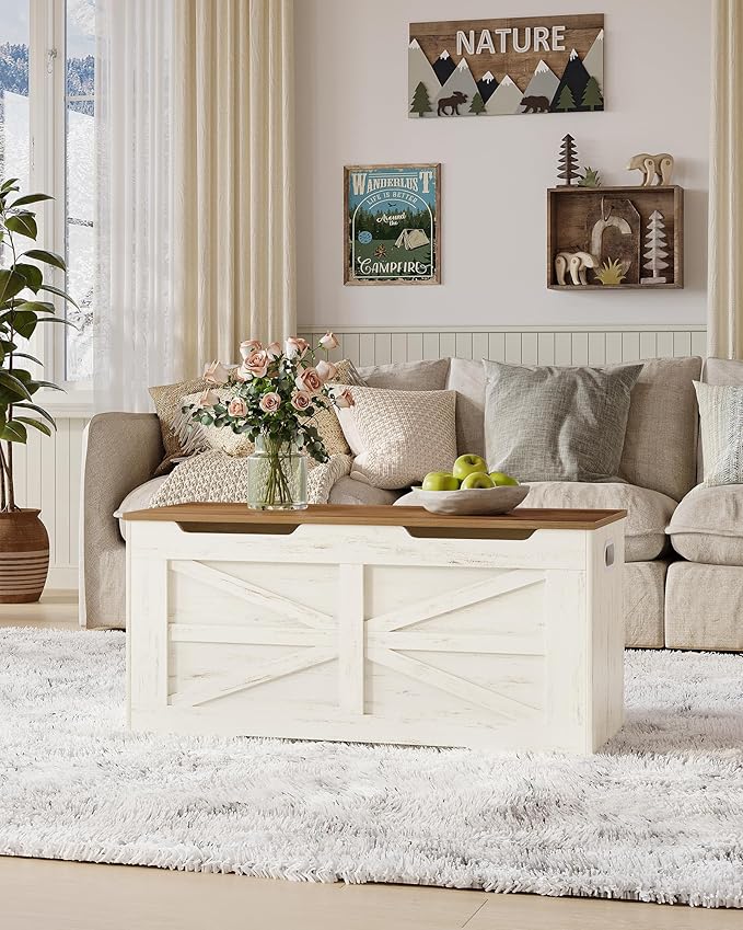 39.4" Storage Chest, Extra Large Storage Trunk with 2 Safety Hinges, Wooden Box Bench, Lift-Top Organizer Chest, Shoe Bench for Entryway, Bedroom, Living Room, White and Brown SB03414X