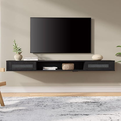WAMPAT Floating TV Stand Shelf with Power Outlet, Mid Century Modern Wall Mount Shelf for TVs up to 80",Media Console TV Cabinet with 2 Rattan Doors