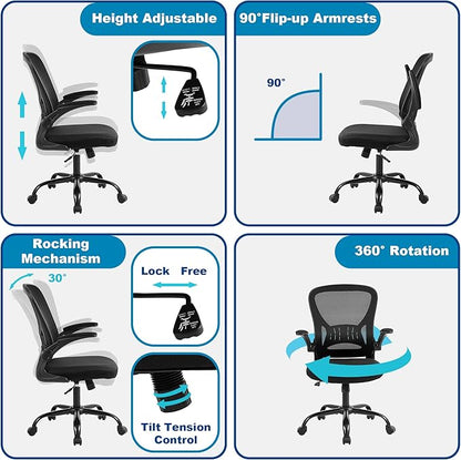 Mesh Office Chair, Ergonomic Home Office Desk Chairs with Flip-up Arms and Lumbar Support, Height Adjustable, Black
