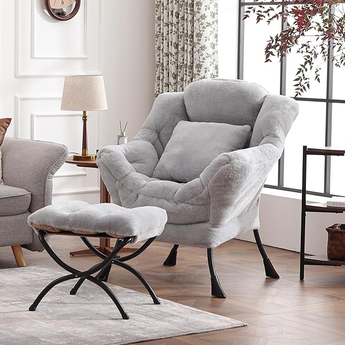 Lazy Chair with Ottoman, Modern Large Accent Lounge Chair with a Pillow, Leisure Sofa Armchair, Reading Chair with Footrest for Bedroom, Living Room,Plush White Gray