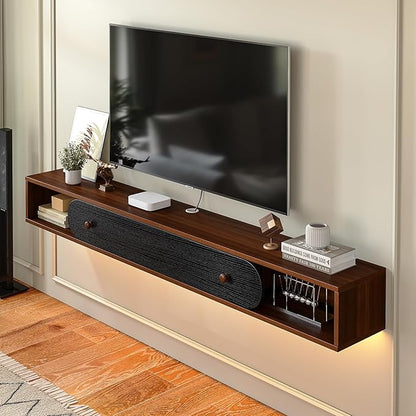 Floating TV Stand Wall Mounted 55'', Modern Media Console with 2 Open Cabinets and 1 Door,Wall Mount TV Console for Living Room Bedroom,Walnut and Black