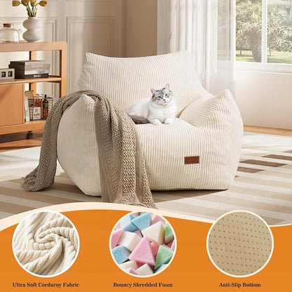 Big Bean Bag Chair for Adults & Kids, Ultra Soft Living Room Bean Bag with Armrests, Stuffed BeanBag Floor Sofa for Napping, Gaming, Lounging, Beige