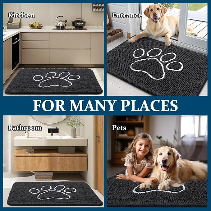 OLANLY Door Mat for Muddy Dog Paws 36x24, Ultra Absorbent Chenille Mud Doormat with Paw Print Design, Non-Slip Washable Doormat for Indoor Entryway, Quick-Dry Pet Bed Mats for Dirty Dogs, Dark Grey