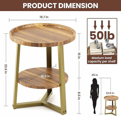 PPAMAPIC Round End Table, 2 Tier Side Table with Storage Shelf, Nightstand Accent Table for Living Room Bedroom Small Space, Golden Metal Frame, 19.7" D x 23.6" H, Rustic Brown