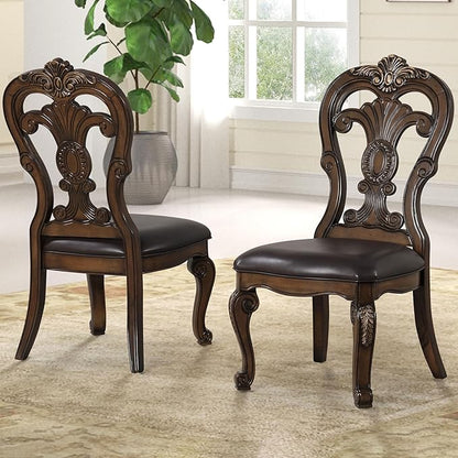 Furniture of America Anatole Traditional Side Chairs Set of 2, Comfortable Upholstered Seating with Ornate Corbels, Gold Tip Crown Molding and Backrest for Dining Room and Living Room, Dark Brown