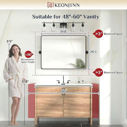 Keonjinn Large Pivot Mirror Bathroom, 40 x 30 Inch Beveled Tilt Mirror Bathroom, Black Metal Framed Mirrors with Rounded Corner, Farmhouse Rectangle Vanity Mirrors for Wall (Horizontal/Vertical)