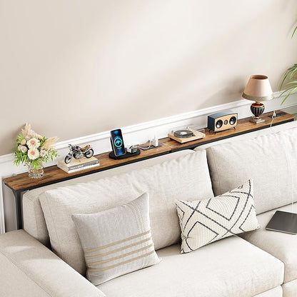 Kitstorack 2-Pack Narrow Console Table with Adjustable Height (25"-33") & 2 Power Outlets, Skinny Behind Couch Table, 79" Long x 5.9" Wide Sofa Side Table for Living Room, Rustic Brown