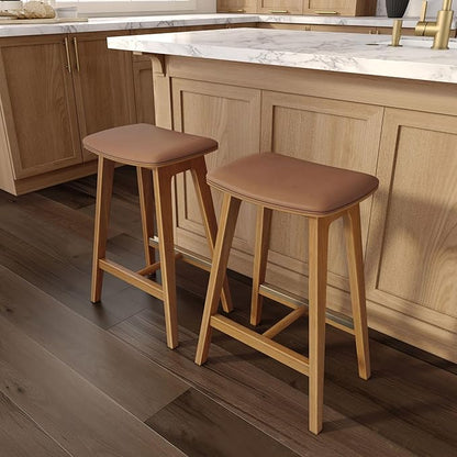 Plank+Beam Beryl Counter Height Stool - Mid-Century Modern Rubberwood Bar Stool with Faux Leather Seat, Metal Footrest, Easy Assembly, Pecan/Toffee