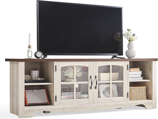 LINSY HOME TV Stand for 75 Inch TV, Modern Farmhouse Entertainment Center with Storage Cabinets and Glass Doors, Tall Media Console Table for Living Room, Bedroom, Large Long Television Stand, Beige