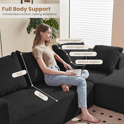 Modular Sectional Sofa, 108" L-Shaped Boneless Couch with Deep Seat, Corduroy Cloud Couch for Living Room, Bedroom, No Assembly Required, Ship in a Box, Black