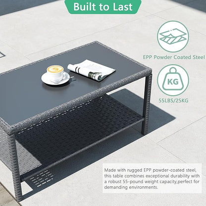 Helios&Hestia Rectangle All Weather Rattan Wicker Outdoor Coffee Side End Table with Glass Top for Patio, Deck, Backyard, Garden, Grey