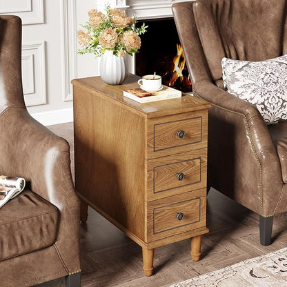 Tribesigns Solid Wood End Table, Fully Assembled Narrow Side Table with Drawers, Pre-Assembled Nightstand Slim Bedside Table for Small Spaces, Living Room, Bedroom