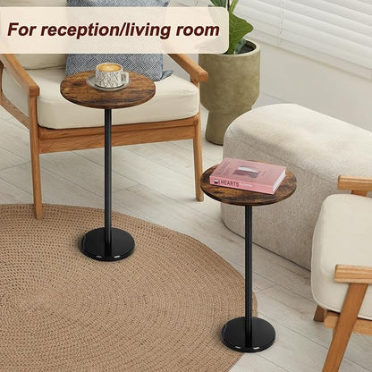 smusei Set of 2 Small Side Table for Small Spaces 2 Packs Drink Table Round Pedestal Side Tables with Marble Base for Sofa Couch Chair Patio, Brown and Black