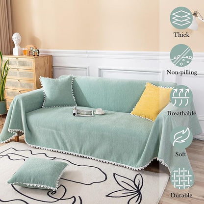 HANDONTIME Cute Sofa Covers Light Green Couch Covers for 3 Cushion Couch Sofa with White Daisy Lace Green Sofa Slipcovers Chenille Couch Cover for Dogs Sectional Sofa L Shape Futon Cover, 71" X118"