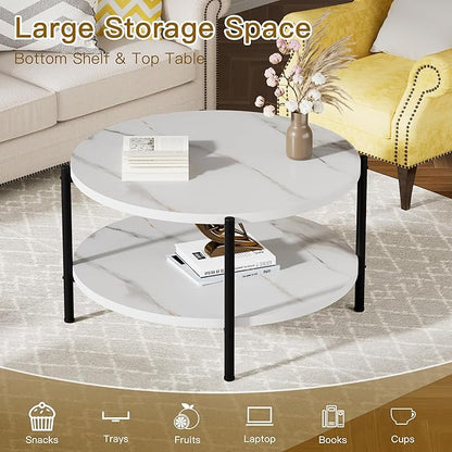 Round Coffee Table, 27.6" Circle Coffee Table for Living Room, 2-Tier Wood Accent Center Table with Open Storage Industrial Design Home Furniture, White