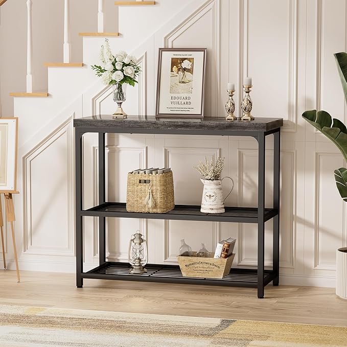 32" Small Console Table, 3-Tier Entryway Table, Sofa Table with Mesh Shelves, Console Tables for Living Room, Bedroom, Hallway, Entryway, Foyer, Grey