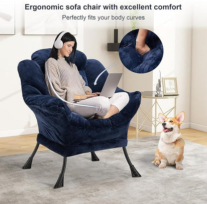 Fabric Lazy Chair for Adults, Oversized Upholstered Sofa Chair, Plush Comfy Lounge Chair with Large Side Storage Pocket, Thick Padded Reading Chair for Living Room, Bedroom, Office, Navy Blue