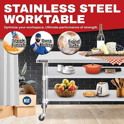 DuraSteel Stainless Steel Work Table 30" x 60" x 34" Height w/ 4 Caster Wheels - Food Prep Commercial Grade Worktable - NSF Certified - Good for Restaurant, Business, Warehouse, Home, Kitchen, Garage