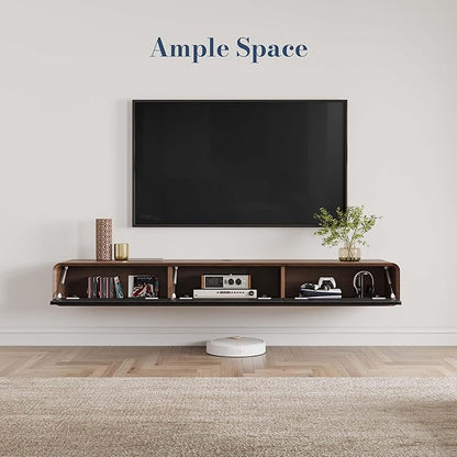 POVISON Fully Assembled Floating TV Stand, 63 inch Modern TV Stand with 3 Flip-Down Cabinet Doors, Solid Wood Floating Entertainment Center, Wall Mounted Media Console for Living Room