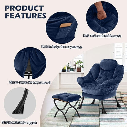 Lazy Chair with Folding Ottoman,Leisure Sofa Chair,Soft Fabric Armchair with Armrests and Side Pockets, Reading Chair with Footrest for Living Room, Bedroom, Office (Plush Navy)