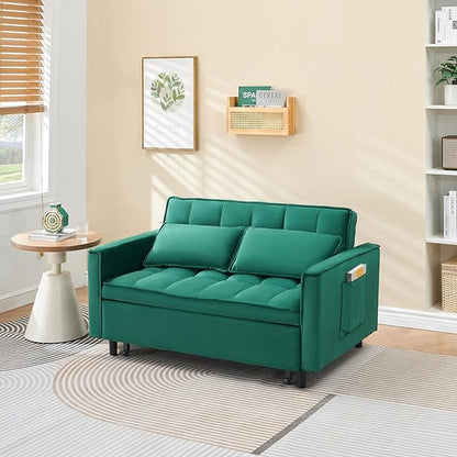 Ball & Cast Convertible Sofa Bed,Pull Out Loveseat Sleeper Sofa,Convertible Pull Out Couch W/ 2 Pillows,Adjustable Backrest & Side Pocket,Corduroy Futon Couches for Living Room,Apartment,Green,55"