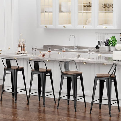 26 Inch Swivel Bar Stools Set of 4 with Backs Counter Height Industrial Metal Barstools Island Bar Chairs for Home Kitchen Dining Room (Swivel 26 inch,Matte Black Wooden)
