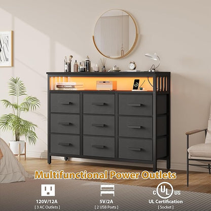 9 Drawer Dresser TV Stand with LED Lights & Power Outlets, Entertainment Center with Open Shelf, Media Console for 50” TV, Large Storage Dresser for Bedroom (Black)