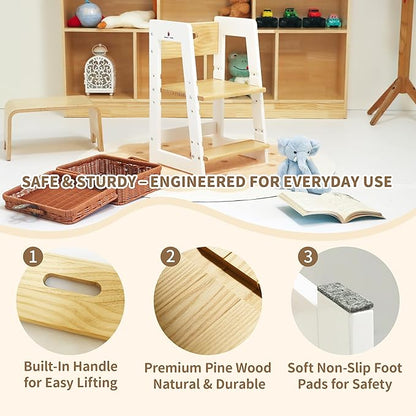 Damoch Family® Compact Toddler Chair & Wooden Step Stool with Adjustable Height – Montessori-Inspired Learning Helper for Kids’ Daily Routines in Kitchen & Bathroom