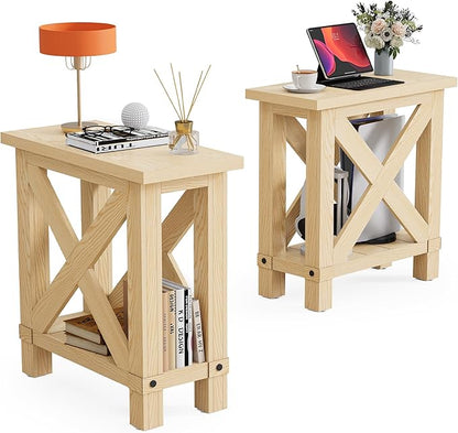 LITTLE TREE Farmhouse Side Table Set of 2, Narrow End Table for Space Saving, Bedside Furniture for Bedroom, Living Room, Small Spaces, Oak