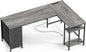 Huuger 63 Inch L Shaped Desk with Fabric Drawers, Reversible Computer Gaming Desk with Power Outlets and USB-C Port, Adjustable Side Storage Shelves, for Work Study Corner Home Office, Grey