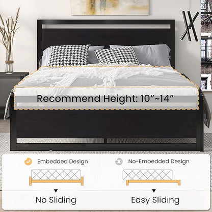 SHA CERLIN Queen Size Bed Frame with Modern Headboard, Heavy Duty Platform Metal Base with Square Footboard and 13 Strong Slats Support, No Box Spring Needed, Black