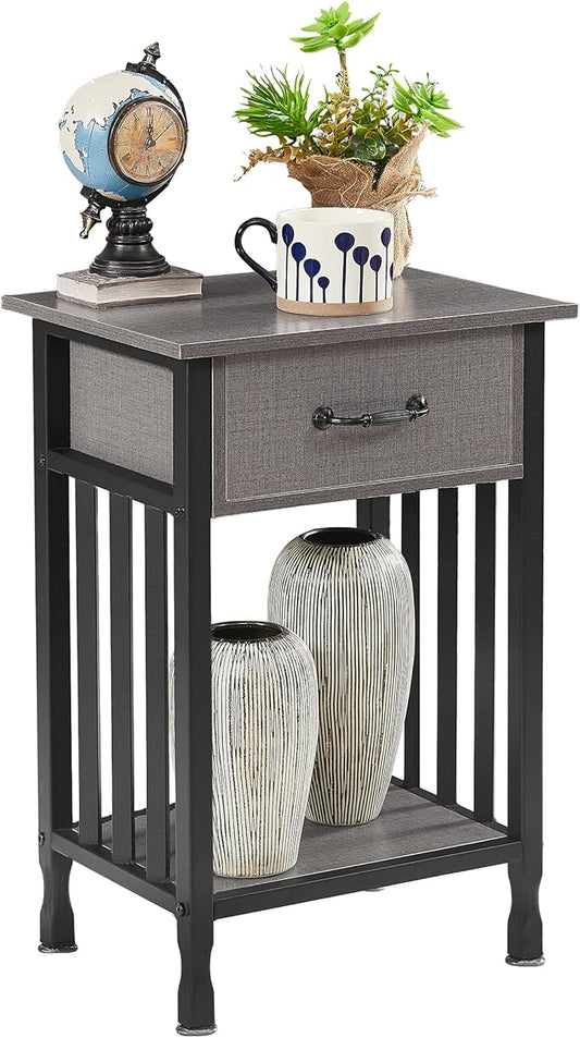 VECELO Nightstands, Industrial Side Table/End Tables with Drawer and Storage Shelf, Night Stands for Bedroom, Living Room, Wood Metal Furniture, Easy Assembly
