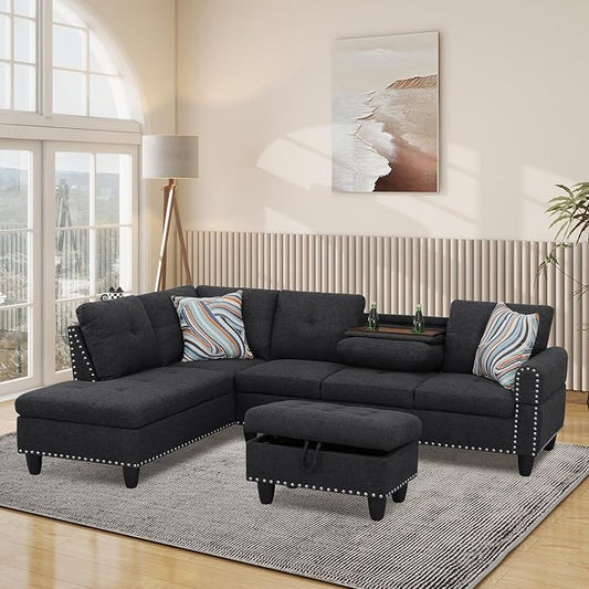 L Shaped Modular Sectional Sofa with Reversible Chaise Lounge, 5-Seater Corner Couch, Linen Upholstery Convertible Sofá w/Movable Ottoman, Cup Holders, 2 Pillows and Rivet Ornament for Living Room