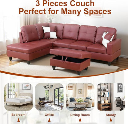 Osparple L Shaped Couch Faux Leather Sectional Couches for Living Room Upholstered 3 Pieces Modular Sectional Sofa with Chaise, Ottoman with Storage for Living Room and Small Apartment, Dark Red