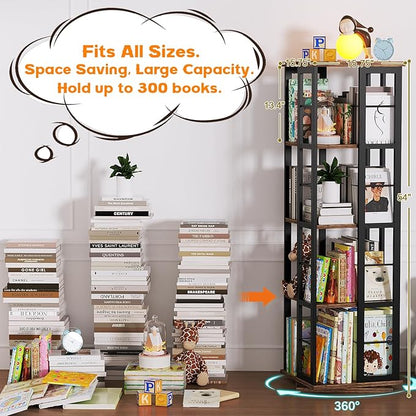 Aheaplus Rotating Bookshelf, Corner Bookcase, 360 Display Wood Spinning Bookshelves, Floor Standing Bookcases Narrow Shelf, 4 Tiers, Rustic Brown