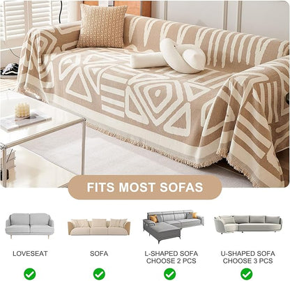 STACYPIK Reversible Khaki Beige Couch Cover Boho Couch Cover for Dogs with Tassels Anti-Slip Furniture Protector for 2 Cushion Couch Versatile Sofa Protector Washable Loveseat Cover Decor-71X90IN