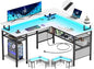 Unikito L Shaped Computer Desk with LED Strip and Power Outlets, Reversible Corner Desk with Monitor Stand and Storage Shelf, Modern Gaming Home Office Table with USB Ports, White