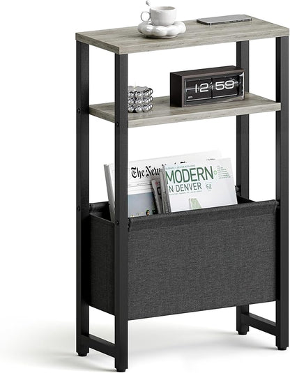 Narrow Side Table, Slim End Table with Magazine Rack, Bedside Table for Small Spaces, 3 Tier Sofa Couch Table Nightstand for Living Room, Bedroom, Oak Grey LET503Q