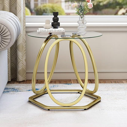 O&K FURNITURE Gold Modern Round Glass End Table with Hexagonal Base for Home & Office, 1 PC