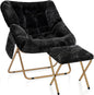 Comfy Saucer Chair for Adults, Foldable Living Room Chairs, Soft Faux Fur Lounge Chair for Bedroom, Reading Chairs, X-Large (Ottoman-Black)