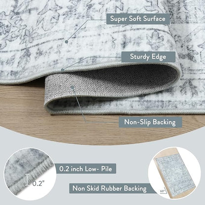 LIVEBOX Washable Area Rug 6x9 Rugs for Living Room Dining Room Under Table, Non-Slip Boho Neutral Carpet for Bedroom, Low-Pile Farmhouse Soft Carpets for Nursery Room Playroom, Grey